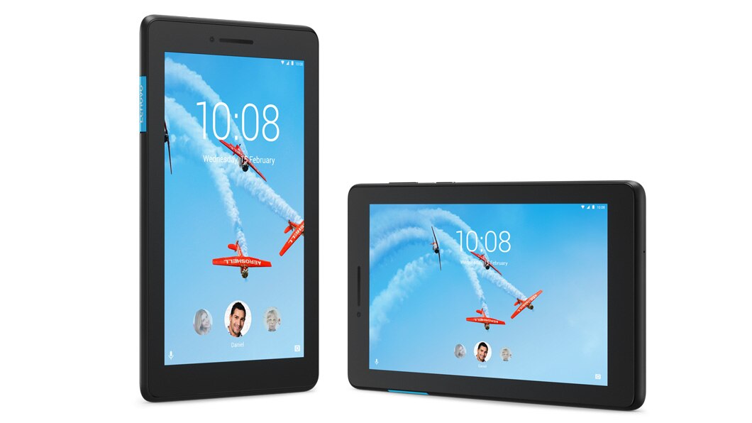 Lenovo Tab E7, front display view in horizontal and vertical orientation.