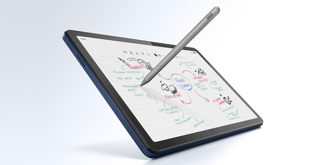 Angle view of the Lenovo Tab M10 5G with a stylus pen illustrating sketching possibilities