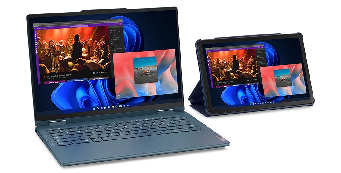 The Lenovo Tab M10 5G next to a laptop, with mirrored content on each display