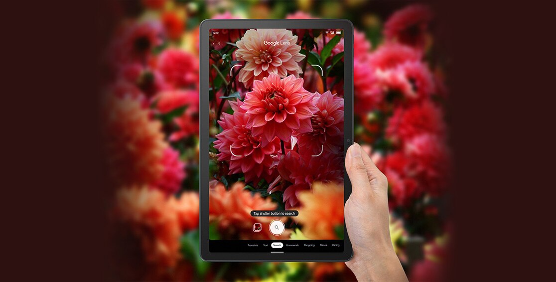 A Lenovo Tab M10 5G held in front of flowers with Google Lens focusing the photo content on the display