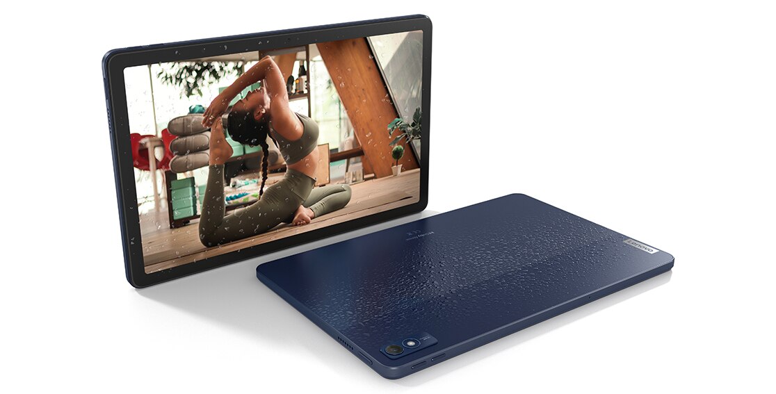 Top and bottom views of the Lenovo Tab M10 5G; a person performs yoga on the display