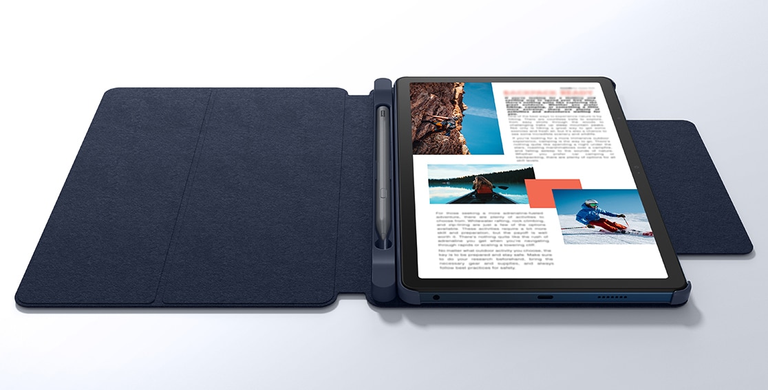 The Lenovo Tab M10 5G with folio case and pen
