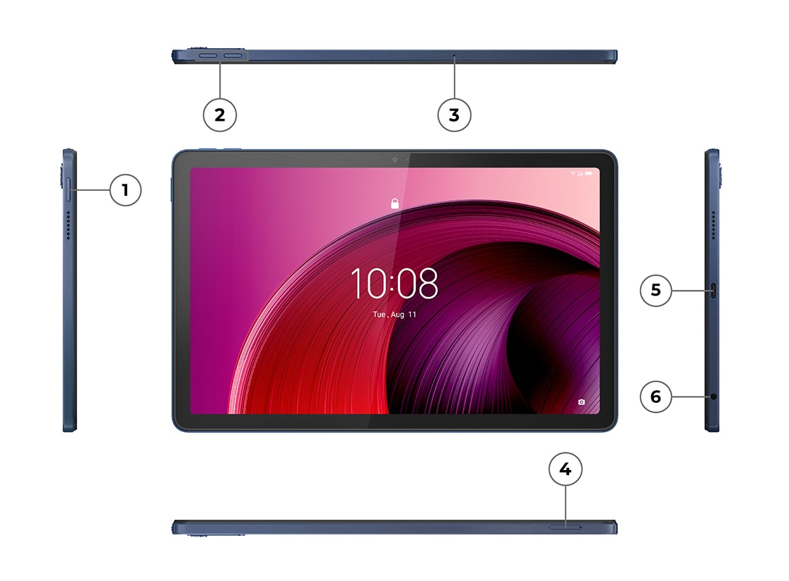 The Lenovo Tab M10 5G with multiple side views illustrating port/button locations and numbered 1-6