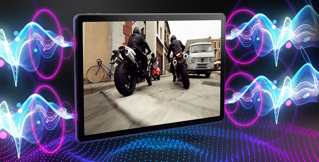 Movie with motorcycles being displayed on Lenovo Tab M10 Plus Gen 3 2023 tablet