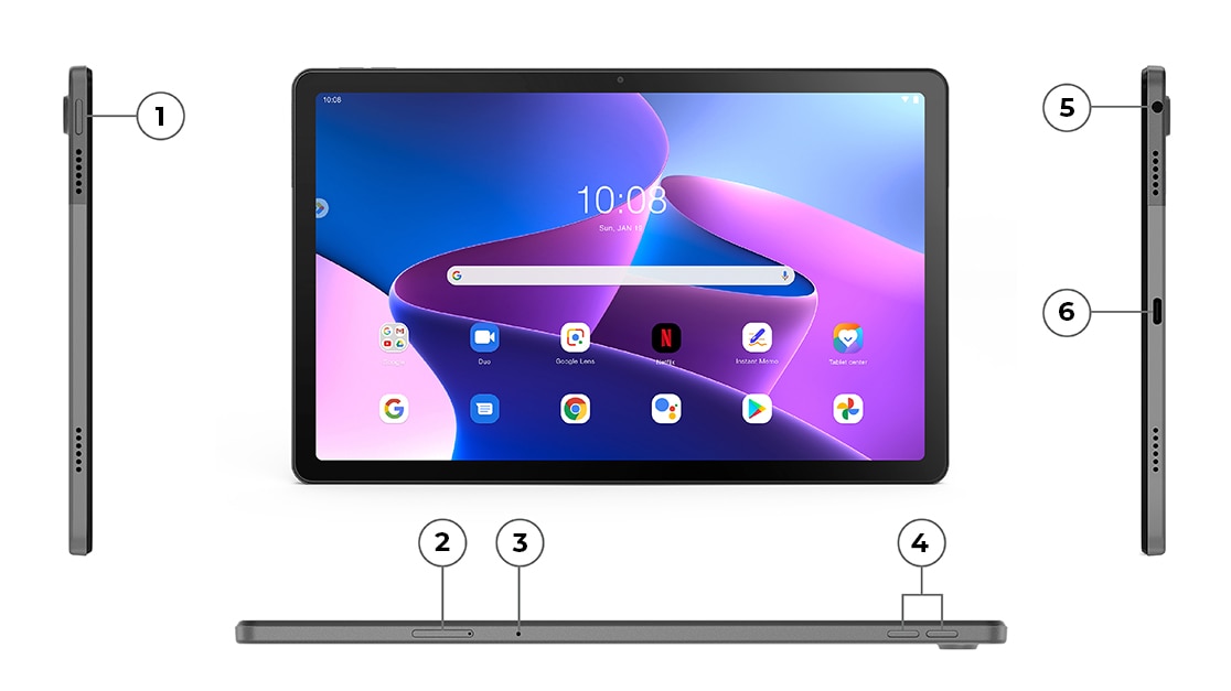 Front-facing view, plus top and side profile view of Lenovo Tab M10 Plus Gen 3 tablet ports