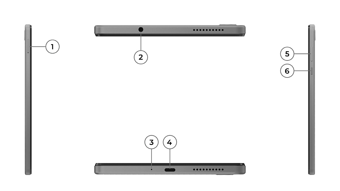Lenovo Tab M8 Gen 4-nettbrett med topp, bunn, venstre og høyre profilvisning av porter