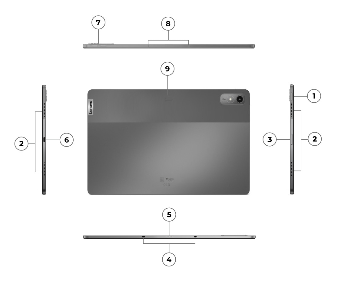 Tab P12 top side profile, left side profile, right side profile, bottom side profile and rear side view