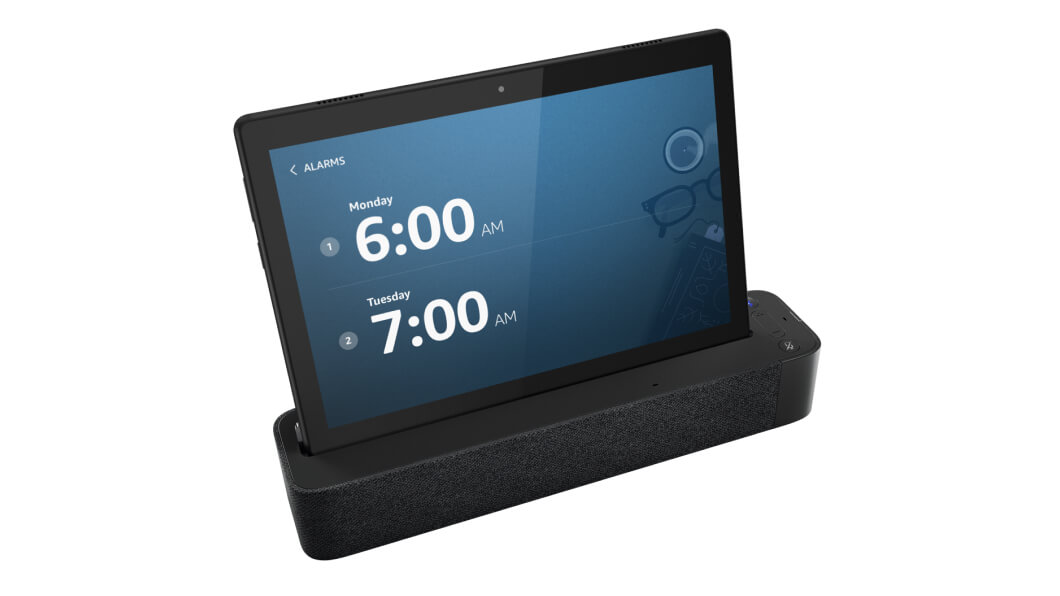 Top left view of the Lenovo Smart Tab M10 (HD) showing alarms