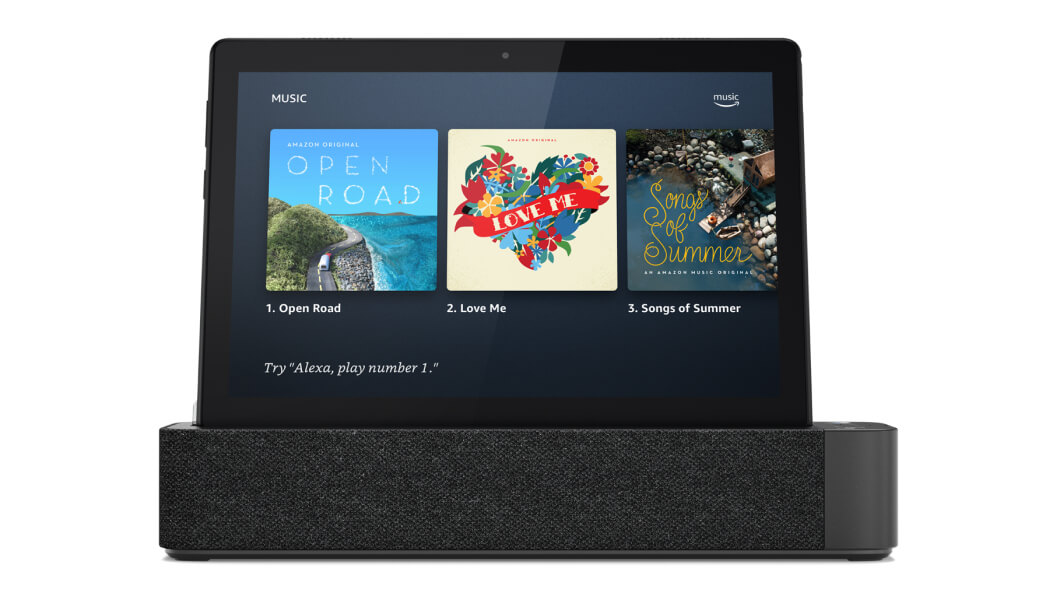 Front view of the Lenovo Smart Tab M10 (HD) with Amazon music
