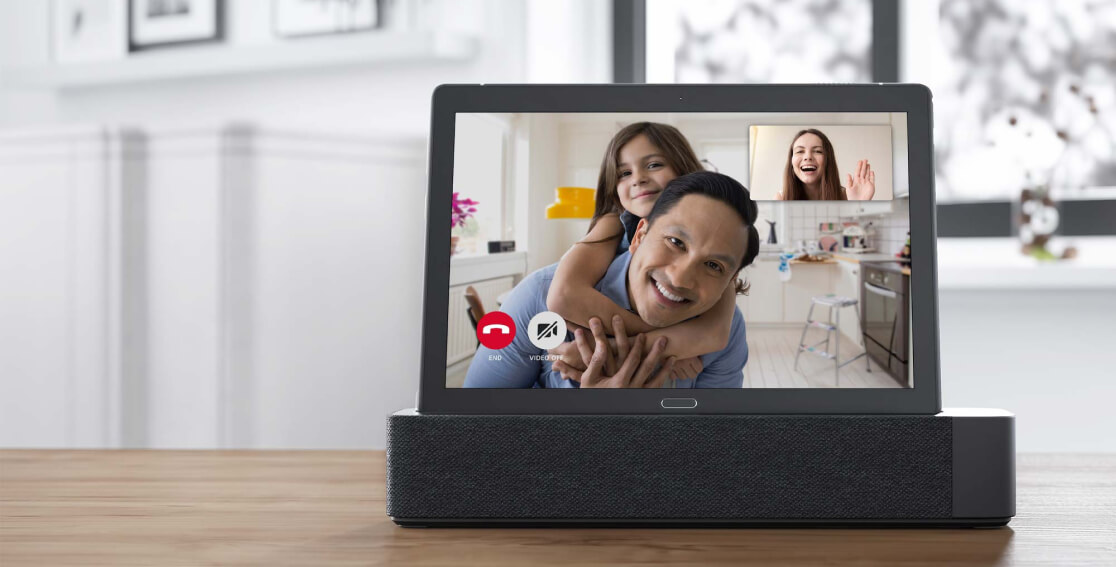 Lenovo Smart Tab P10 with Smart Dock showing a video call