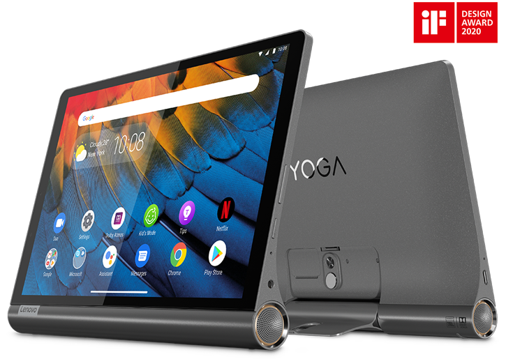 Lenovo Yoga Smart Tab with the Google Assistant, front and back views