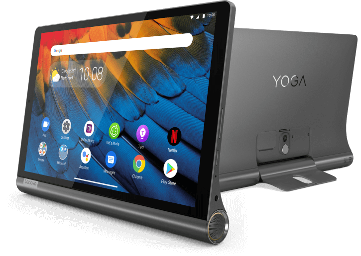 Vue avant et arrière du Lenovo yoga Smart Tab avec l’assistant Google