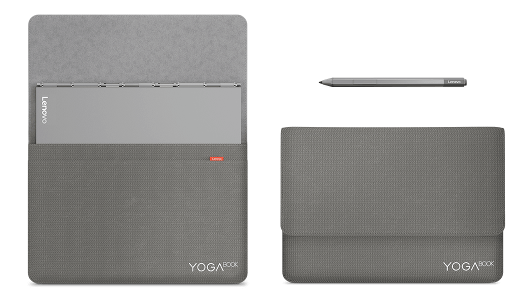 A Lenovo Yoga Book C930, half inside a Yoga Book sleeve, and detail view of Precision Pen.