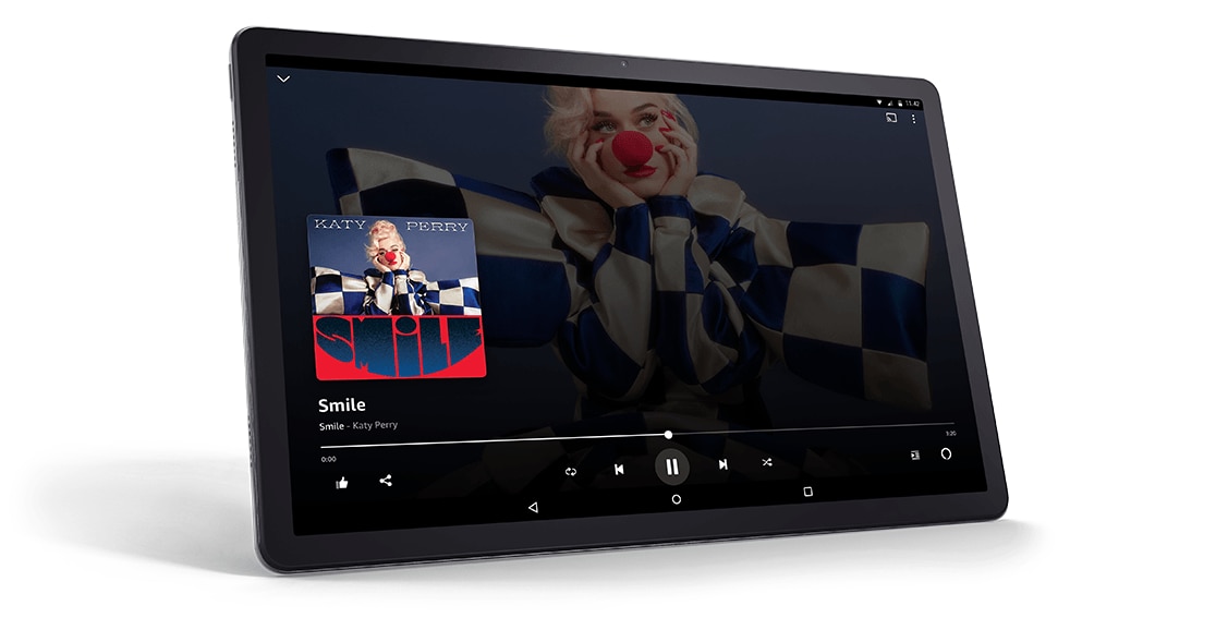 Lenovo Tab P11 Plus tablet—front view, with music controls and images of Katy Perry’s “Smile” on the display