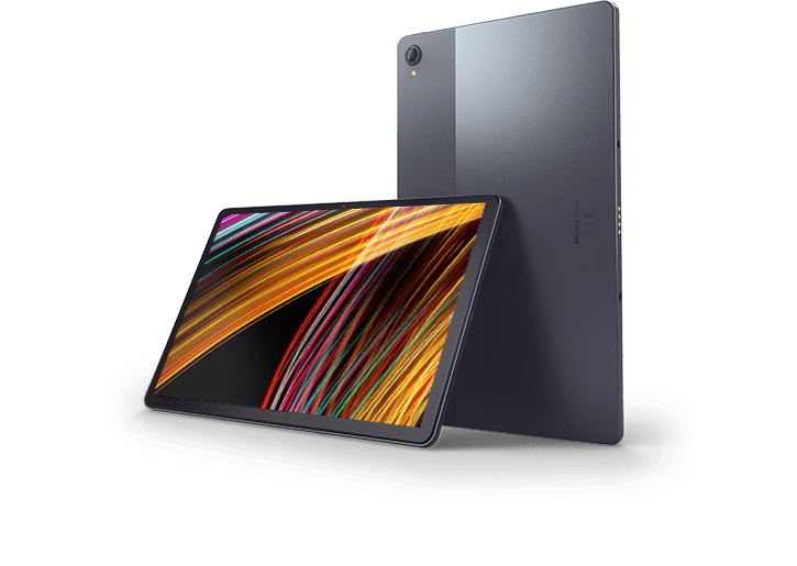 Two Lenovo Tab P11 Plus tablets—vertical rear view and horizontal front view with colored lines on the display