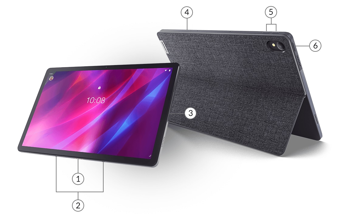 Kaksi Lenovo Tab P11 Plus ‑tablettia, joiden liitännät ja painikkeet numeroitu tunnistusta varten