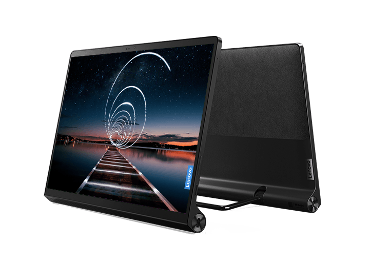 Vista de frente y de atrás de la tablet Lenovo Yoga Tab 13 