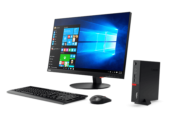 Lenovo ThinkCentre M710 Tiny standing vertically, with monitor, mouse, keyboard