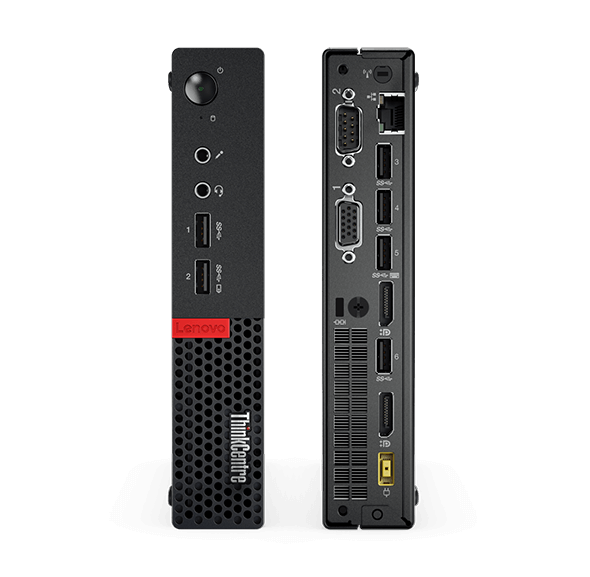 Lenovo ThinkCentre M710 Tiny standing vertically, front and back views