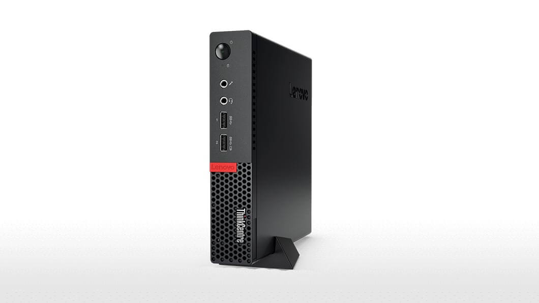 Lenovo ThinkCentre M710 Tiny, vertically positioned in stand, front right side view