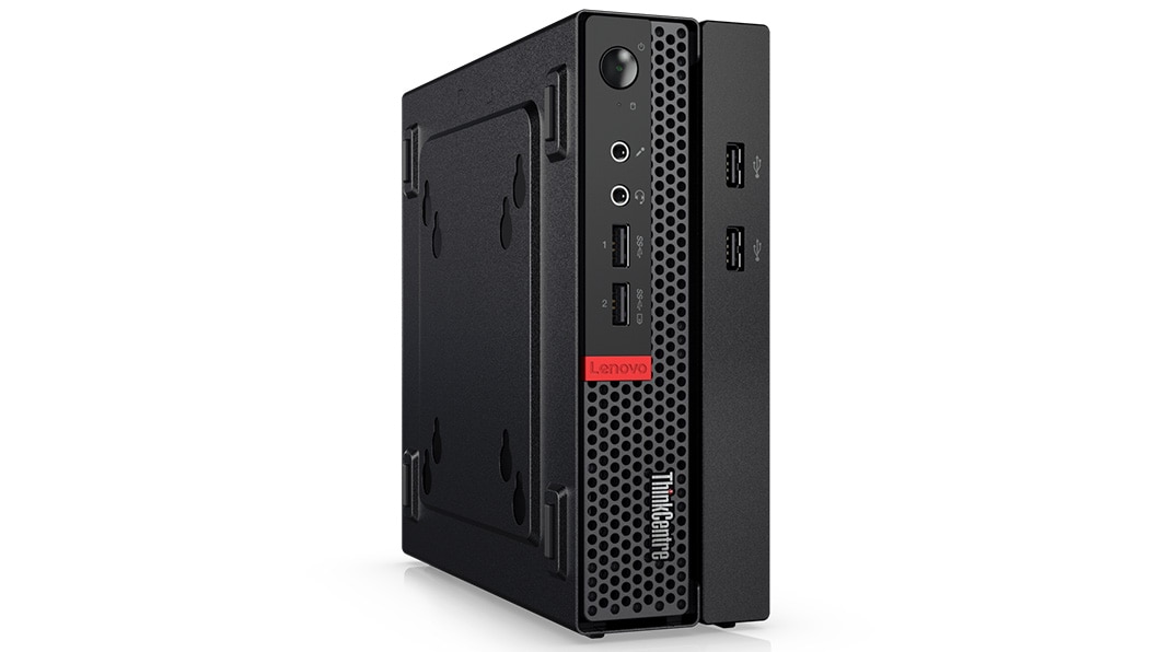 ThinkCentre M910x Tiny positioned vertically, showing ports.