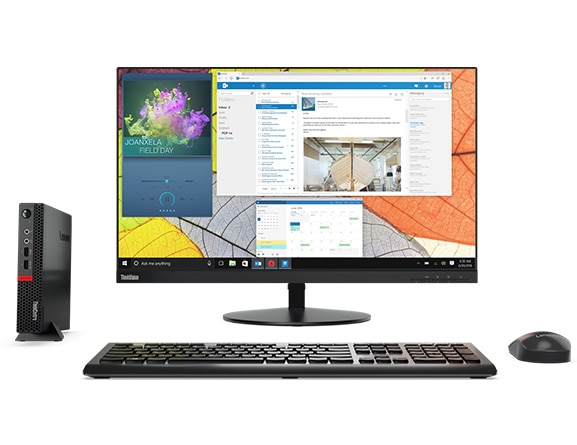 Lenovo ThinkCentre M910x Tiny with monitor, wireless keyboard, and mouse