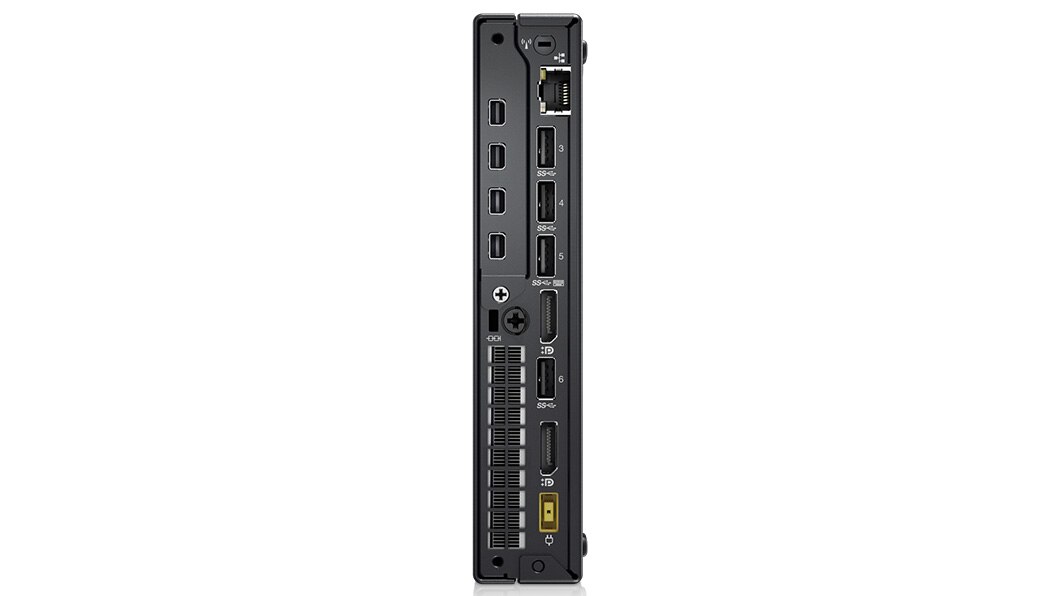 Lenovo ThinkCentre M910x Tiny positioned vertically, back view showing ports