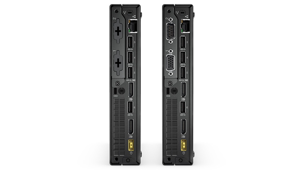  ThinkCentre M910x Tiny positioned vertically, front and back views, side-by-side.