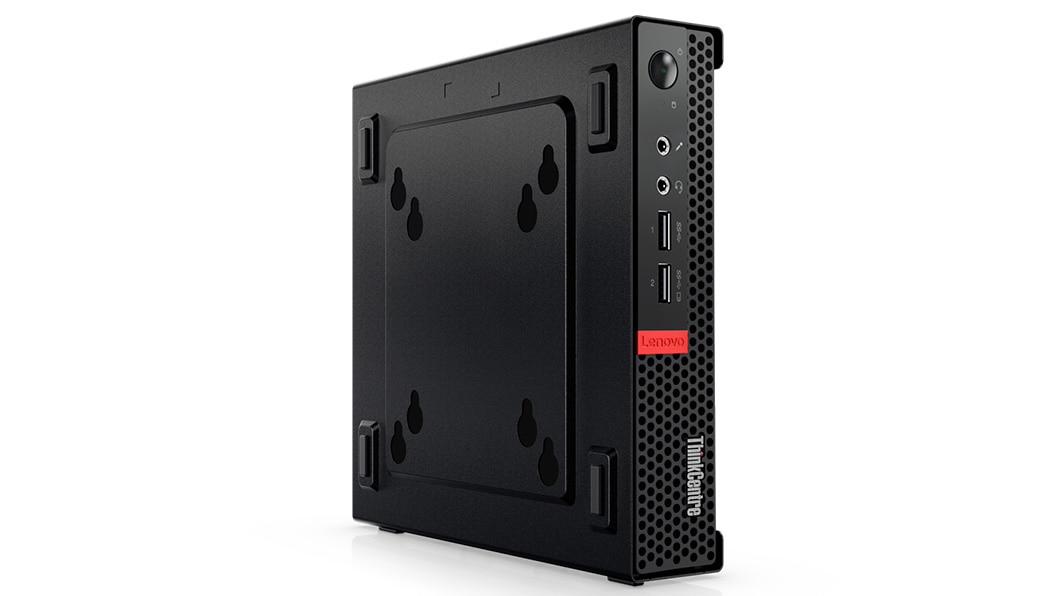 ThinkCentre M910x Tiny positioned vertically, left-angled view.