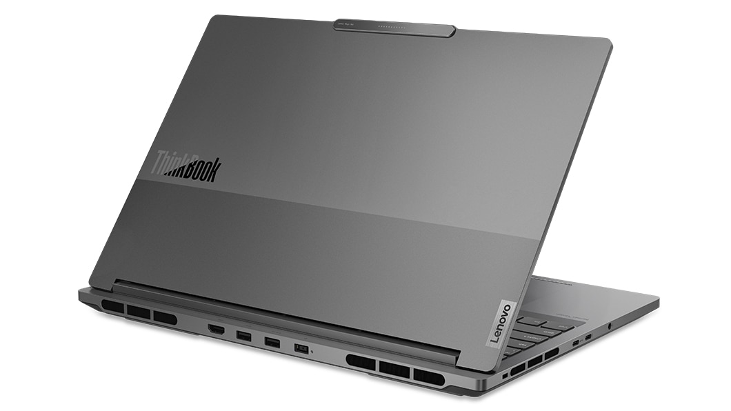 Rear facing, dual-toned Lenovo ThinkBook 16p Gen 4 laptop in Storm Grey.