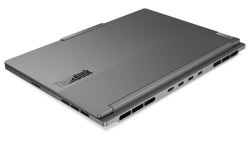 Closed-lid Lenovo ThinkBook 16p Gen 4 laptop, showcasing ports & vents on rear.