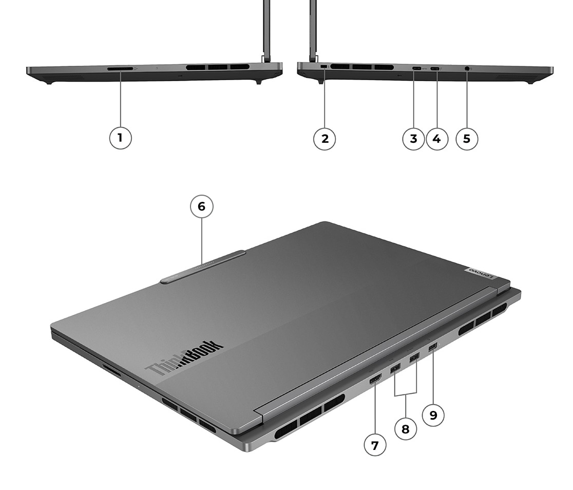 Близък план на десните, левите и задните портове и слотове, номерирани от 1 до 9, на лаптопа Lenovo ThinkBook 16p Gen 4.