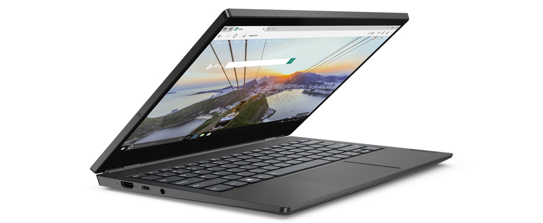 Lenovo ThinkBook Plus angled less than 90 degrees and showing left side ports.