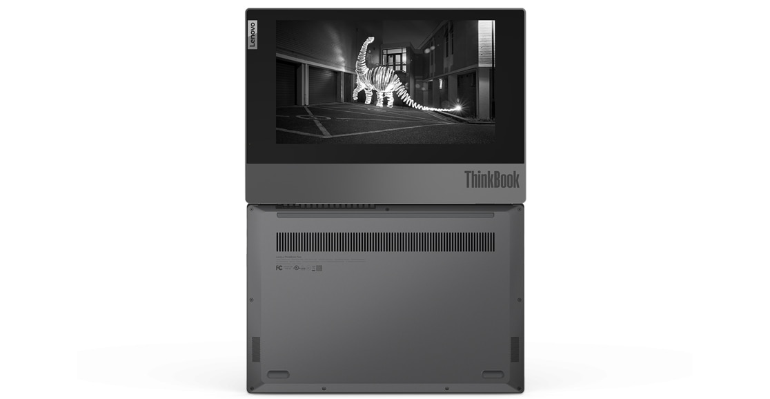 Lenovo ThinkBook Plus open 180 degrees, showing bottom and top cover with display.