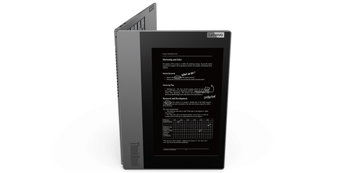 Front view of Lenovo ThinkBook Plus, standing in vertical position, showing use of cover screen.