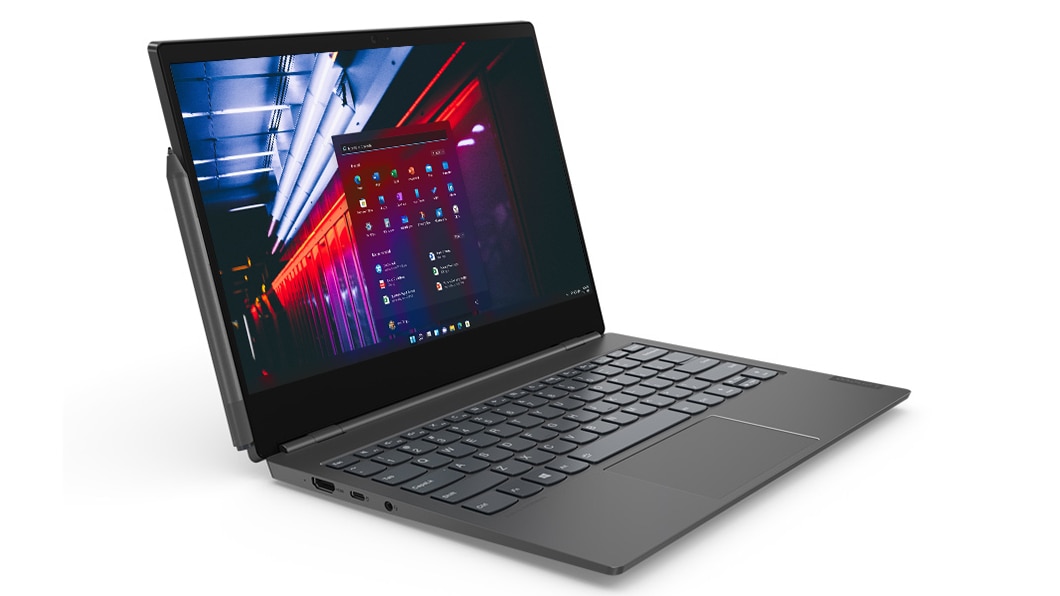 Lenovo ThinkBook Plus open 90 degrees and angled to show the left side ports.