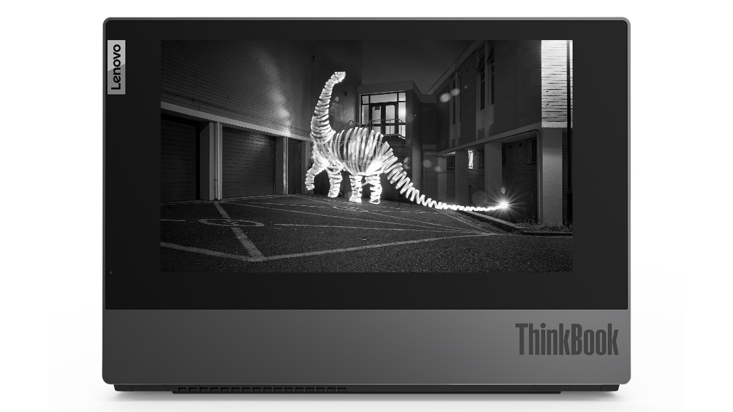 Lenovo ThinkBook Plus montrant un croquis sur l’écran du capot avant.