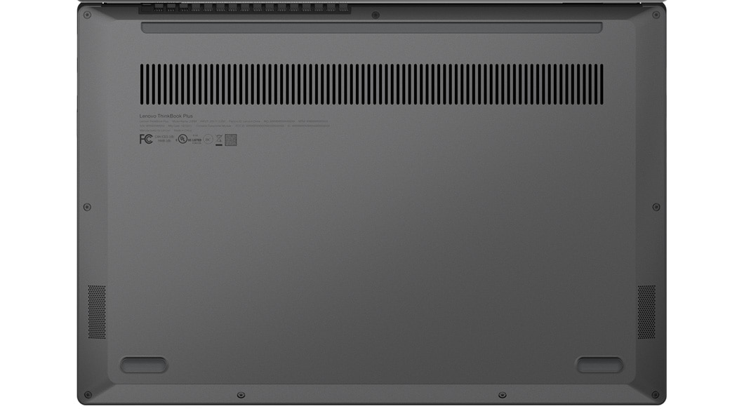 Vue du dessous du Lenovo ThinkBook Plus montrant les évents d’aération et l’audio.