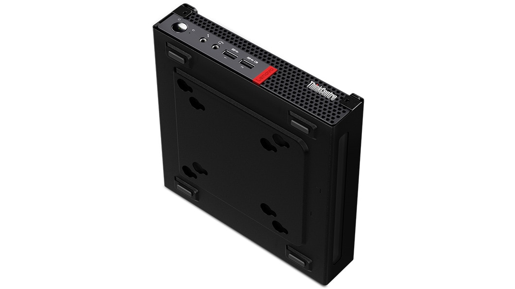 Overhead shot of Lenovo ThinkCentre M625q Thin Client standing on its side, with front panel on top.