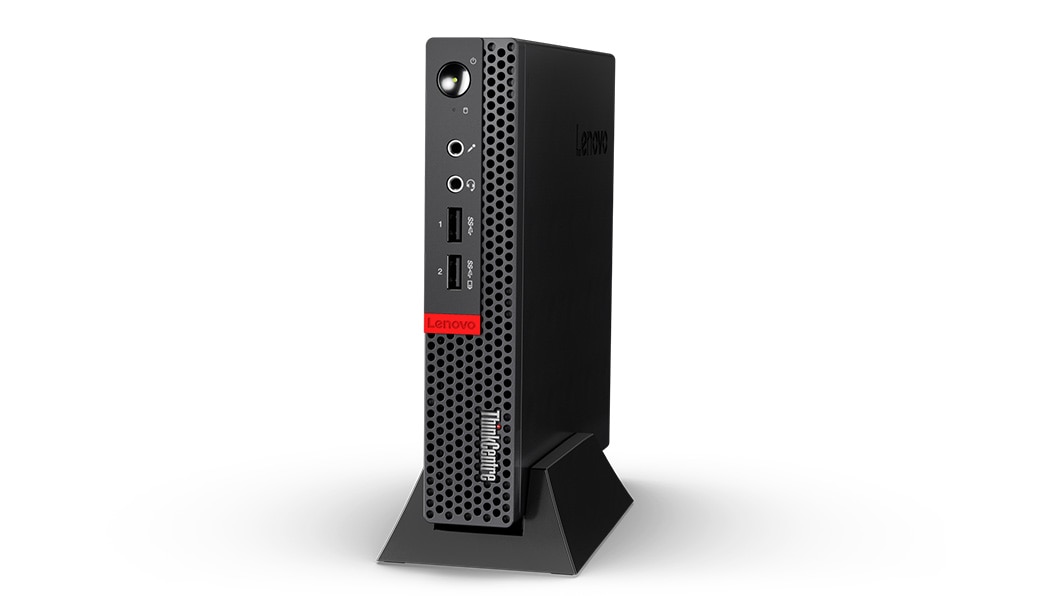 Front view, Lenovo ThinkCentre M625q Thin Client in stand, angled slightly right.