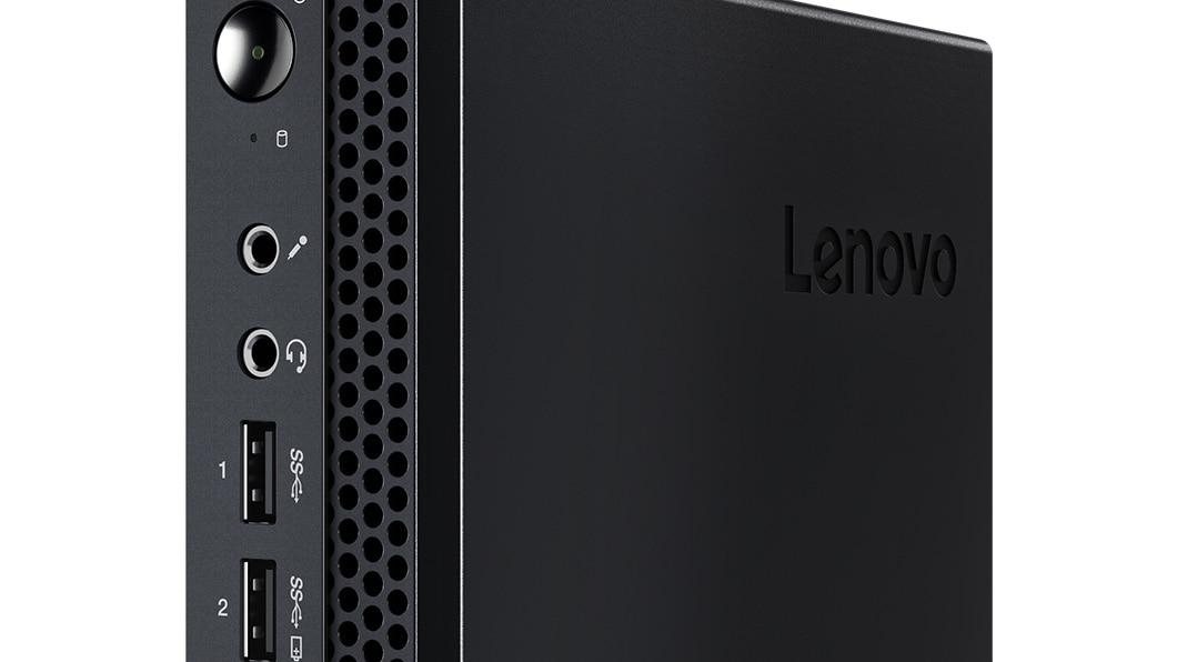 Detail of front, top half of Lenovo ThinkCentre M625q Tiny showing power button and ports.
