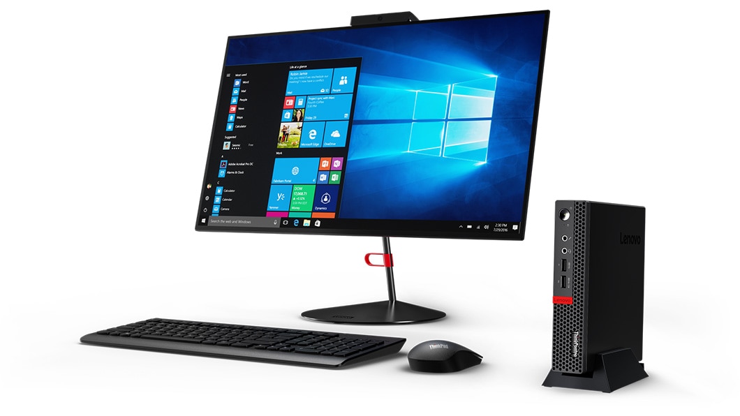 Lenovo ThinkCentre M625q Tiny with Windows 10 Pro, with monitor, keyboard, and mouse.