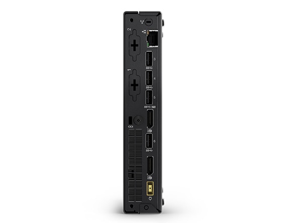 Lenovo ThinkCentre M625q Tiny positioned vertically, showing rear ports.