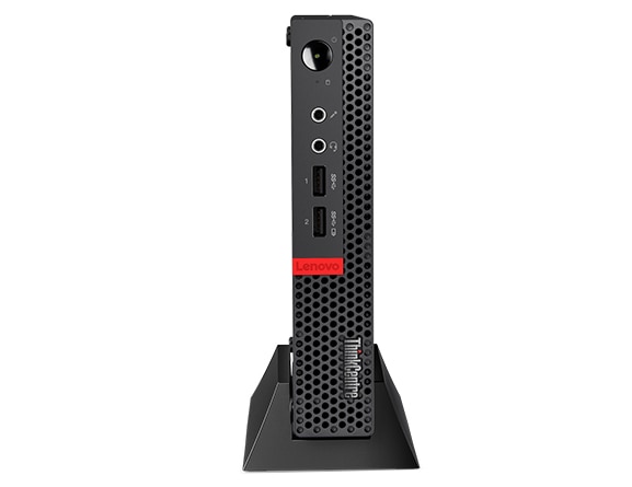 Front view of Lenovo ThinkCentre M625q Tiny positioned vertically, in stand.