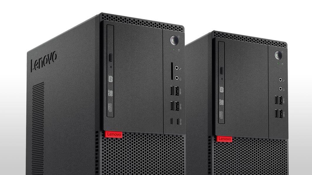 Lenovo ThinkCentre M710 Tower, front view of two models showing different port options
