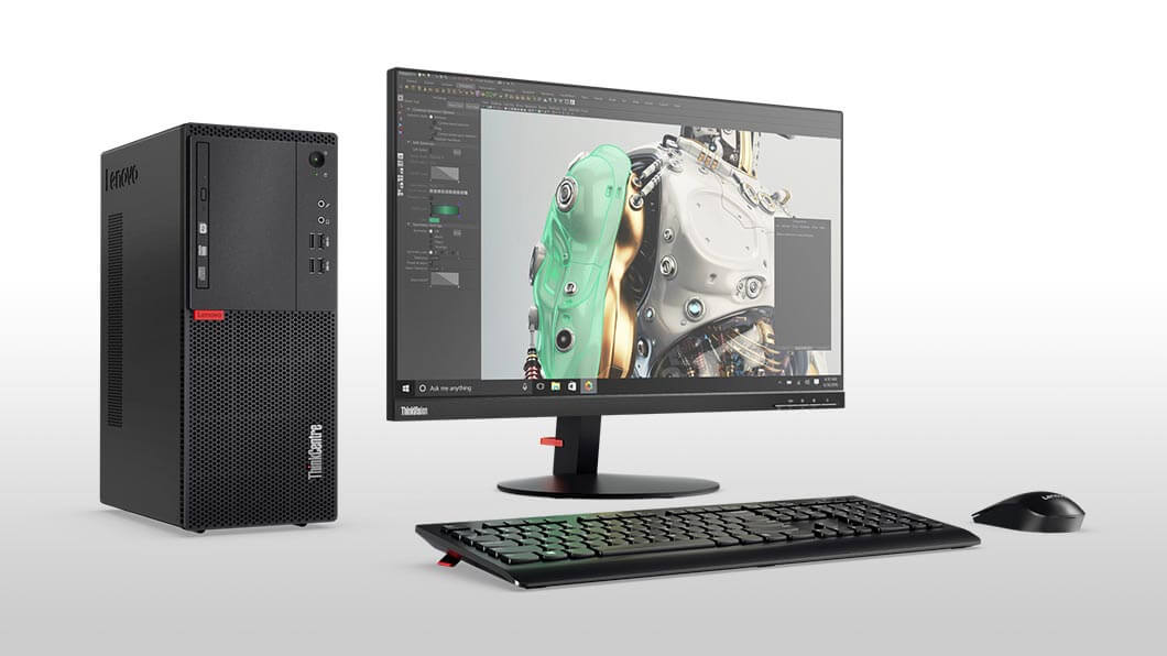 Lenovo ThinkCentre M710 Tower, front left side view beside peripherals