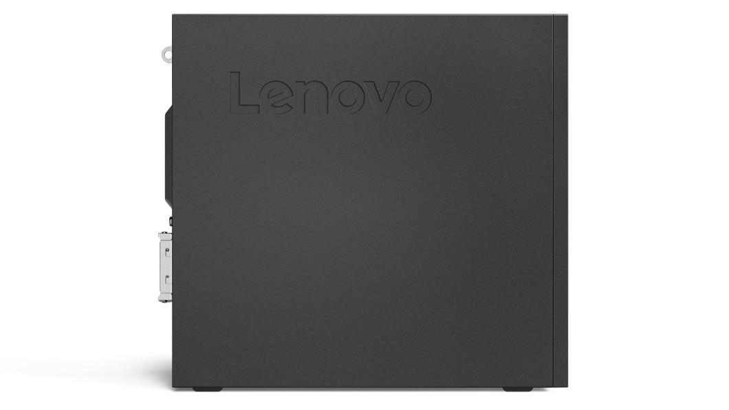 Left side view of Lenovo ThinkCentre M710 small form factor PC, with Lenovo imprinted.