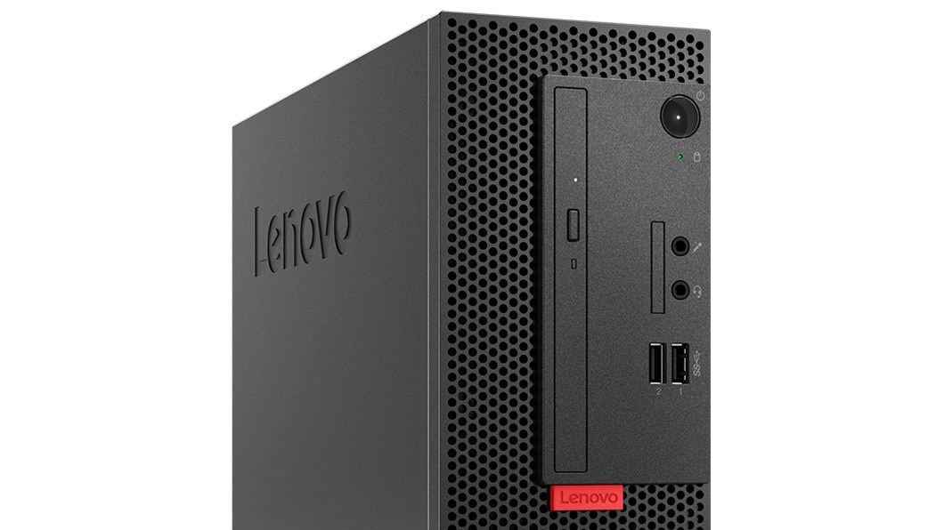 Close-up of top half of Lenovo ThinkCentre M710 small form factor PC, showing slim DVD drive, power button, and ports.
