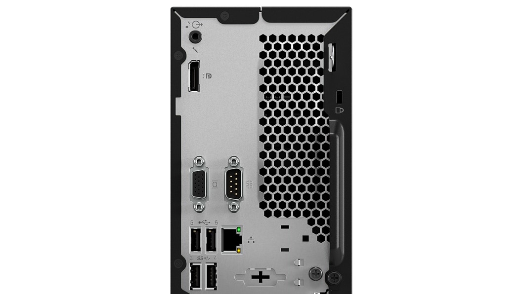 Close-up of back side, top half of Lenovo ThinkCentre M710 small form factor PC, showing ports.
