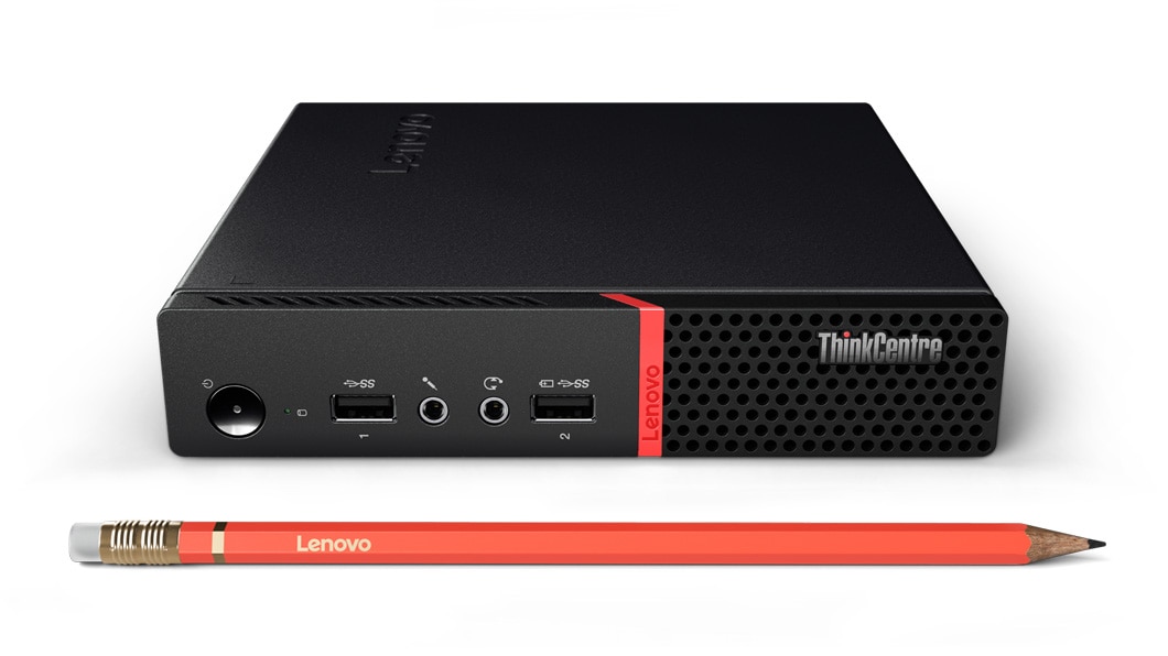 Lenovo ThinkCentre M715q Tiny placed behind a pencil to compare size